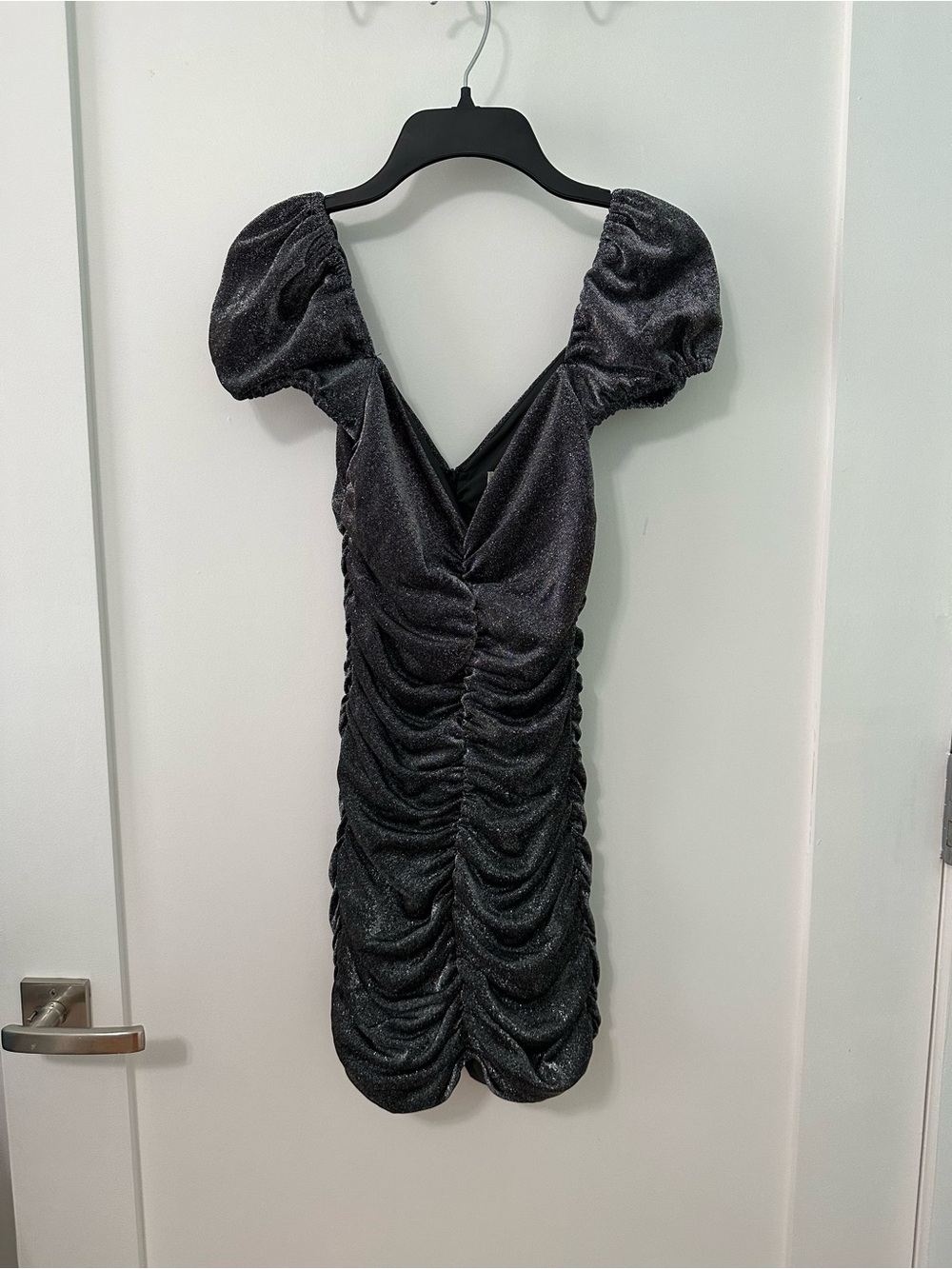Privacy Please Silver Metallic Ruched Mini Dress with Puff Sleeves, Size XS